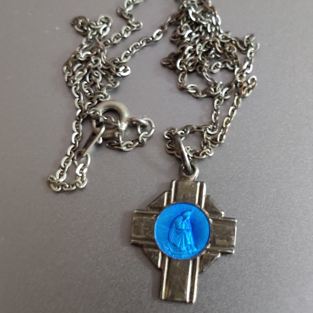 Vintage Silver Our Lady of Salette Medal Cross Necklace